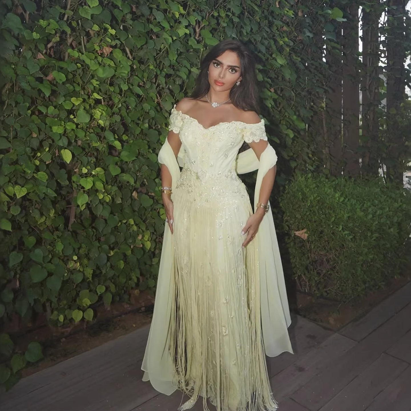 Luxury Yellow Beaded Tassel Off Shoulder Evening Dress LA73614