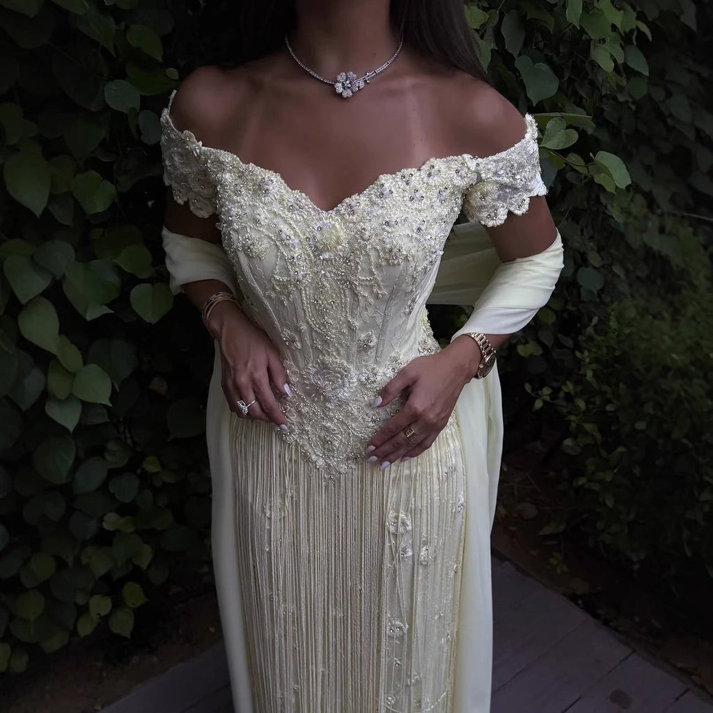 Luxury Yellow Beaded Tassel Off Shoulder Evening Dress LA73614