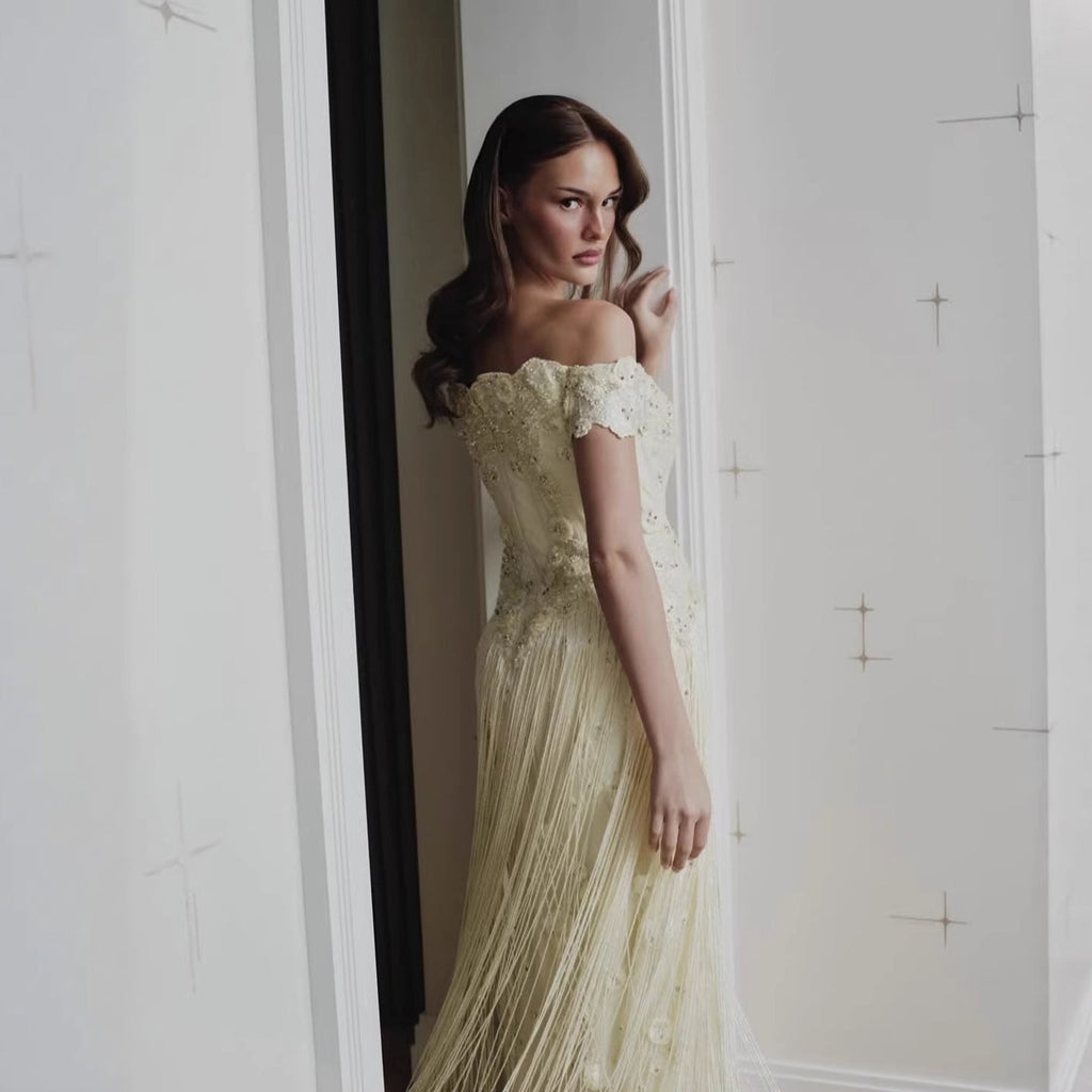 Luxury Yellow Beaded Tassel Off Shoulder Evening Dress LA73614