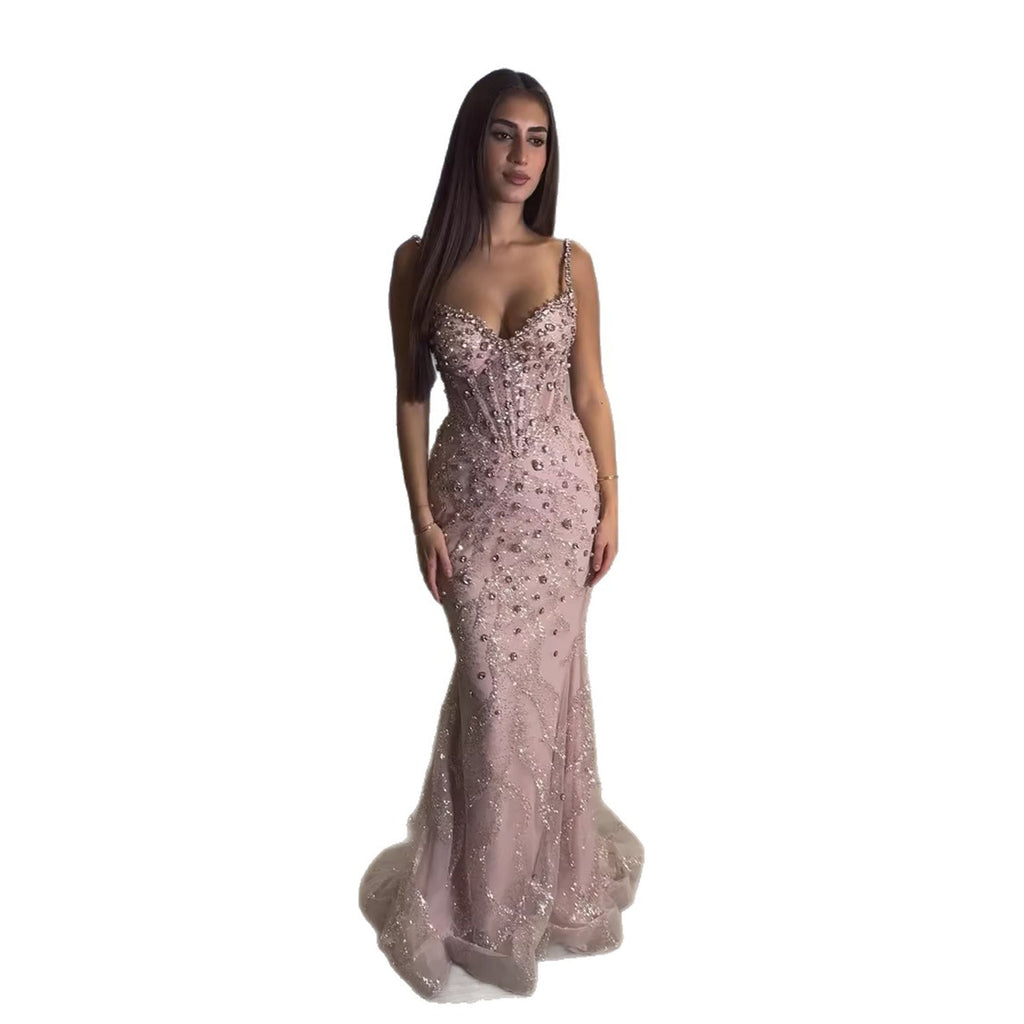 Luxury Pink Beaded Crystal Mermaid Evening Dress LA73621