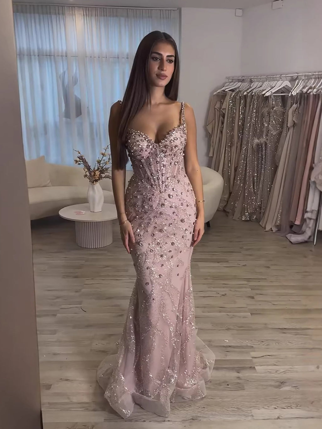 Luxury Pink Beaded Crystal Mermaid Evening Dress LA73621