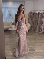 Luxury Pink Beaded Crystal Mermaid Evening Dress LA73621