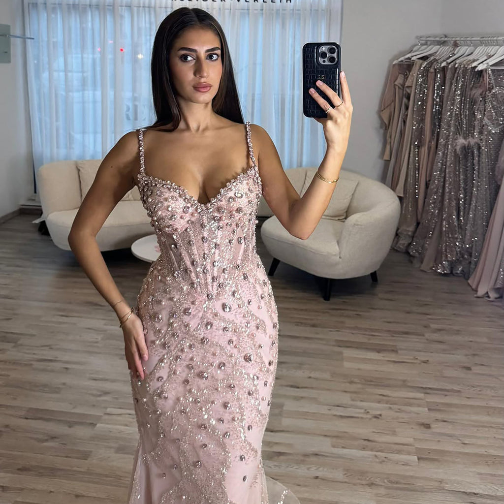 Luxury Pink Beaded Crystal Mermaid Evening Dress LA73621