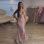 Luxury Pink Beaded Crystal Mermaid Evening Dress LA73621