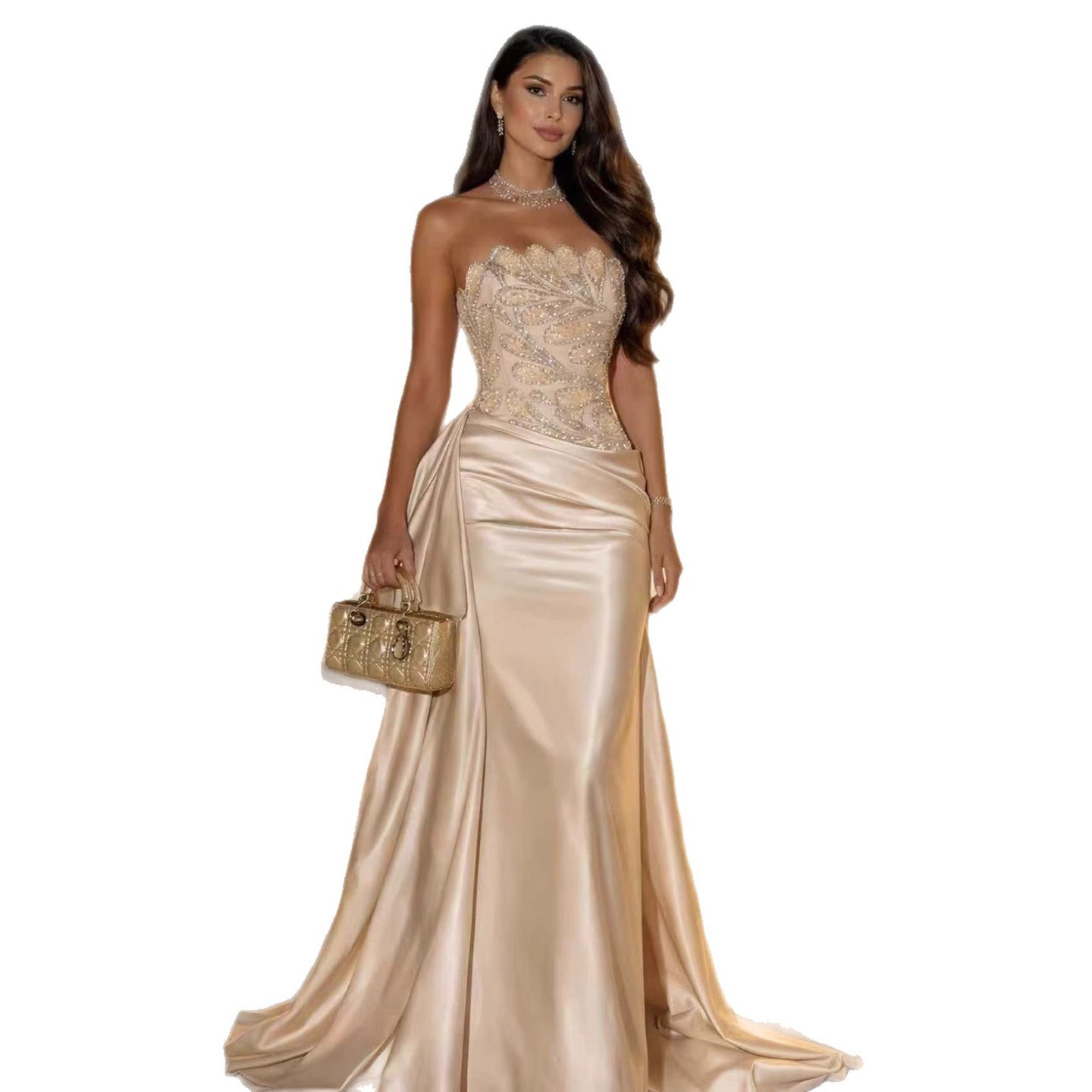 Luxury Champagne Satin Beaded Mermaid Evening Dress LA73622