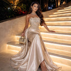Luxury Champagne Satin Beaded Mermaid Evening Dress LA73622