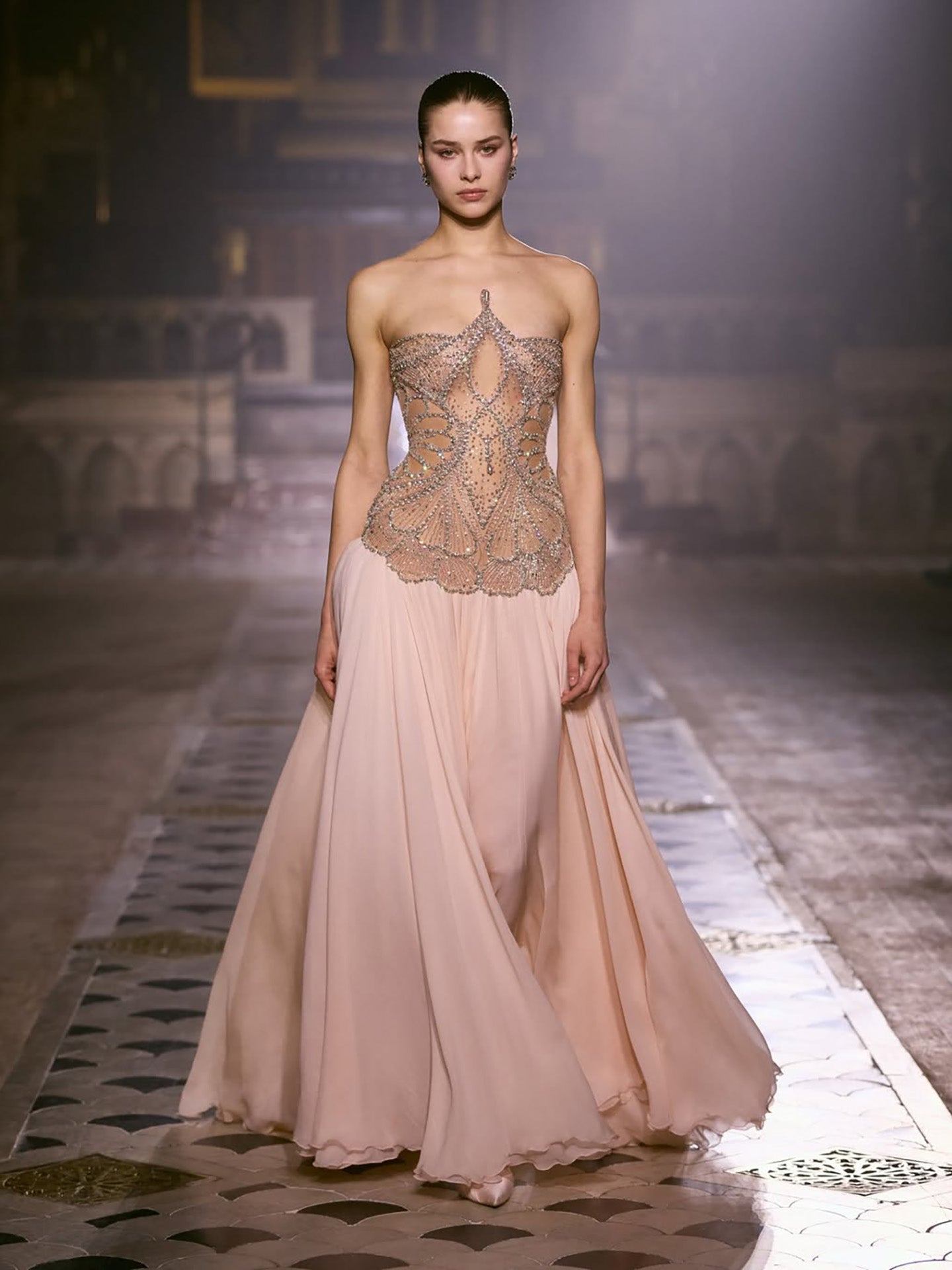 Luxury Nude Pink Beaded A-Line Evening Dress LA73623