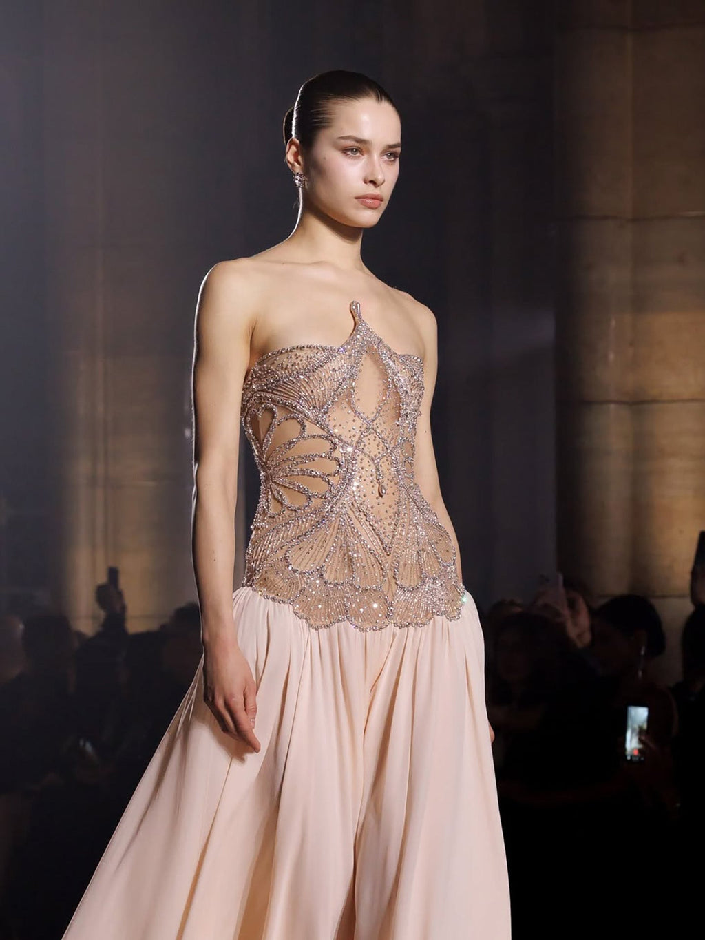 Luxury Nude Pink Beaded A-Line Evening Dress LA73623