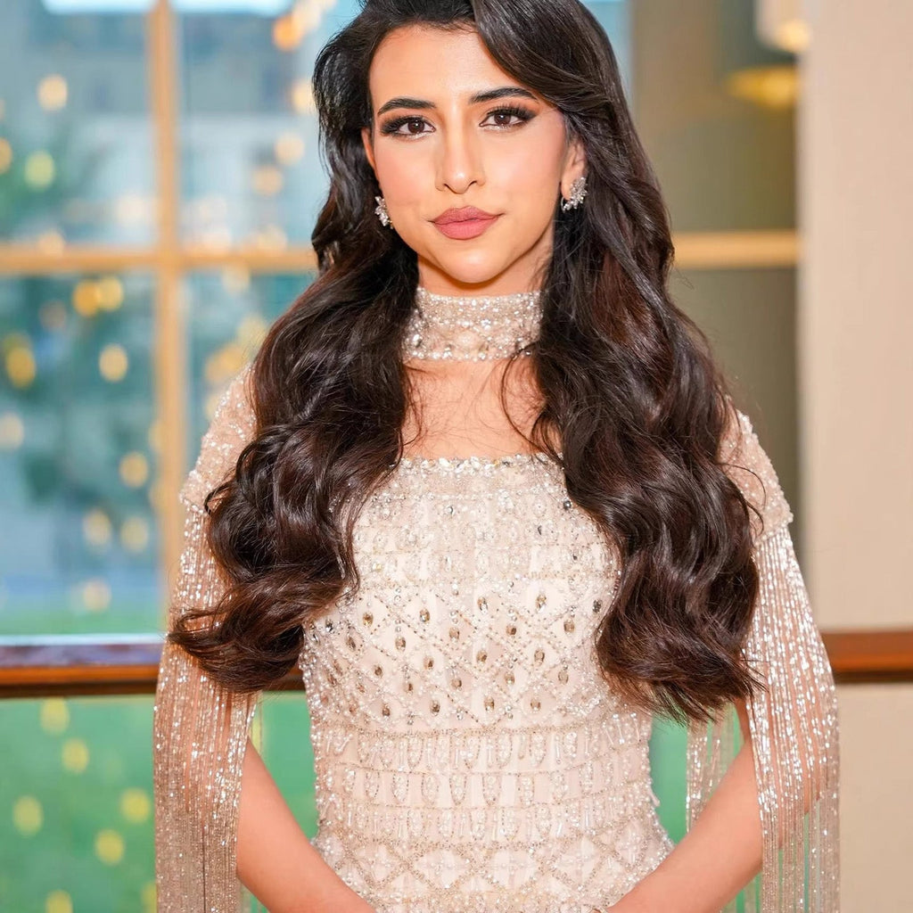 Luxury Beige Crystal Tassel Beaded Pearls Evening Dress LA73624