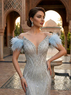 Luxury Beige Beaded Feather Mermaid Evening Dress LA73625