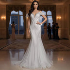 Luxury Beige Beaded Feather Mermaid Evening Dress LA73625