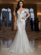 Luxury Beige Beaded Feather Mermaid Evening Dress LA73625