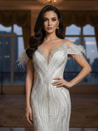 Luxury Beige Beaded Feather Mermaid Evening Dress LA73625