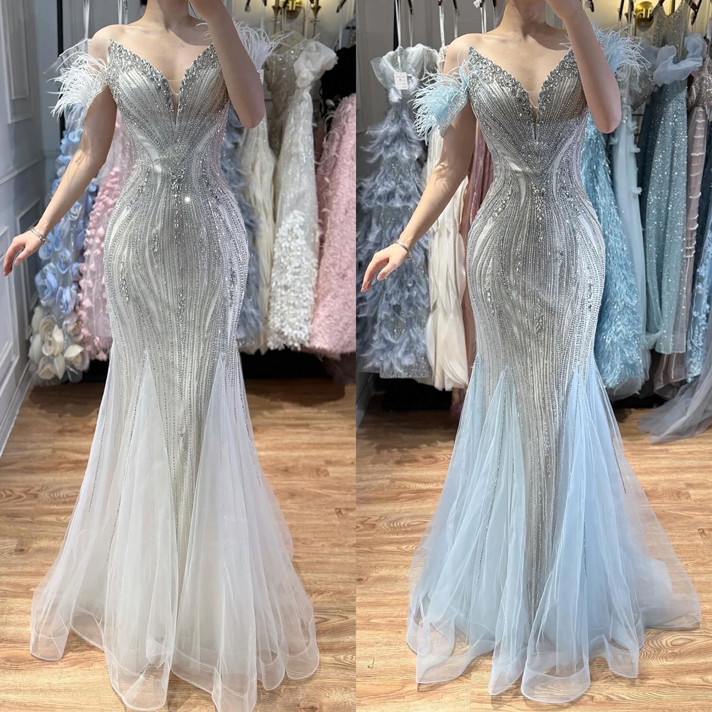 Luxury Beige Beaded Feather Mermaid Evening Dress LA73625