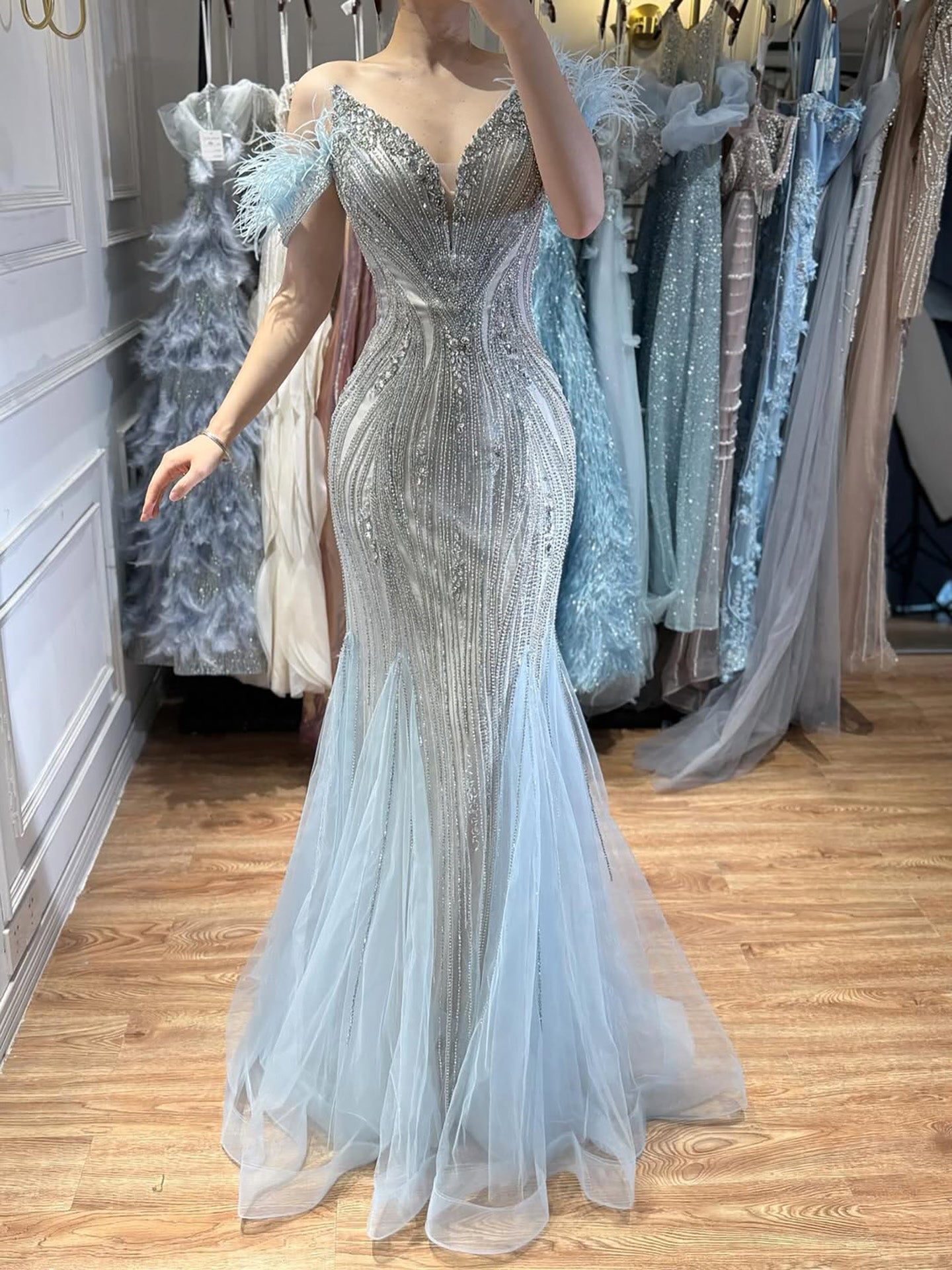 Luxury Beige Beaded Feather Mermaid Evening Dress CLA73625