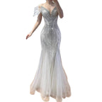 Luxury Beige Beaded Feather Mermaid Evening Dress LA73625