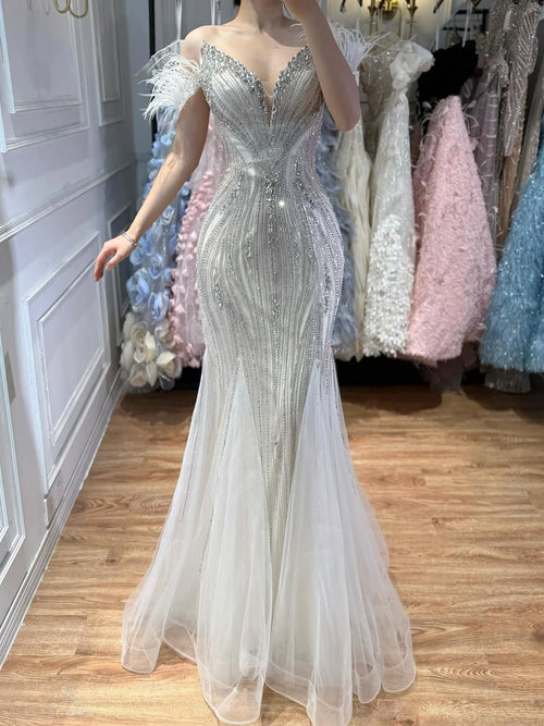Luxury Beige Beaded Feather Mermaid Evening Dress CLA73625