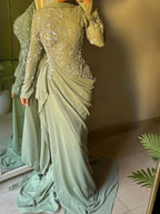 Luxury Sage Green Lace Appliques Evening Dress Long Sleeves LA73626