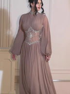 Luxury Brown Crystal Beaded A-Line Evening Dress LA73629