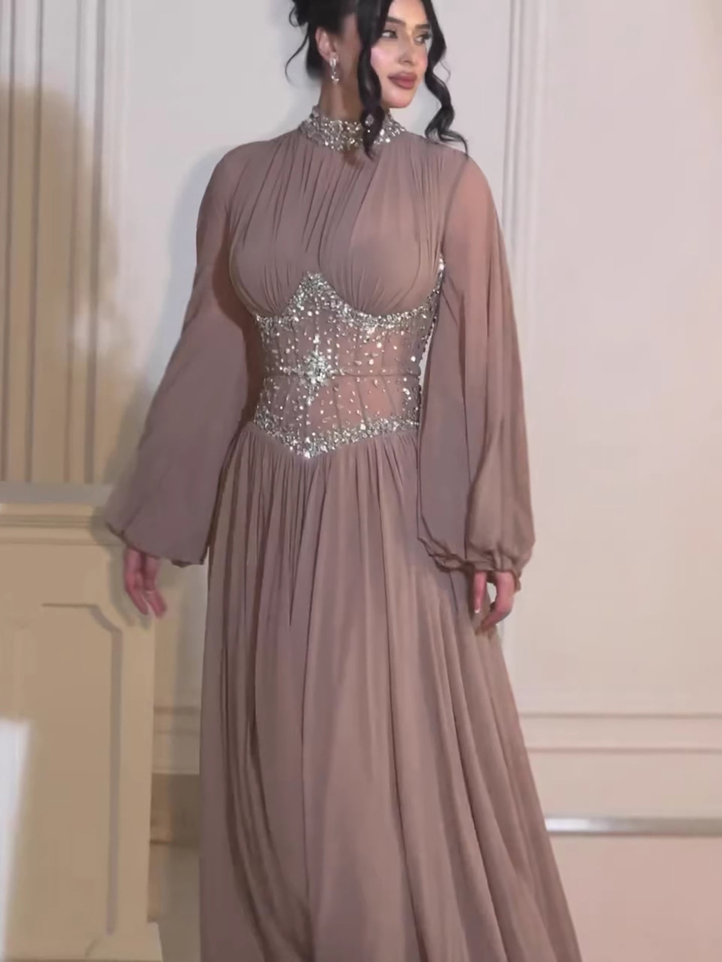 Luxury Brown Crystal Beaded A-Line Evening Dress LA73629