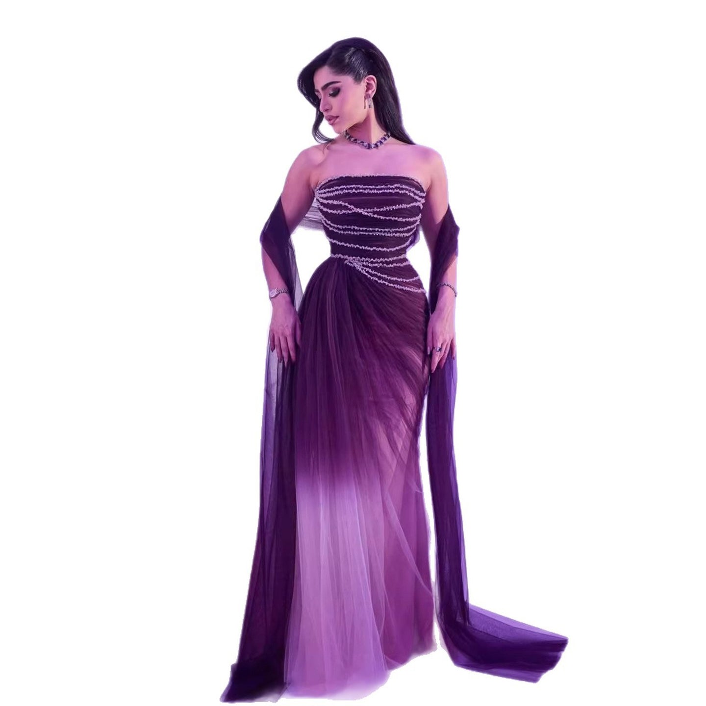 Wine Red Strapless Beaded Evening Dress LA73630