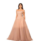 Luxury Pink Beaded A-Line Off-Shoulder Tulle Evening Dress LA73631
