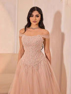 Luxury Pink Beaded A-Line Off-Shoulder Tulle Evening Dress LA73631