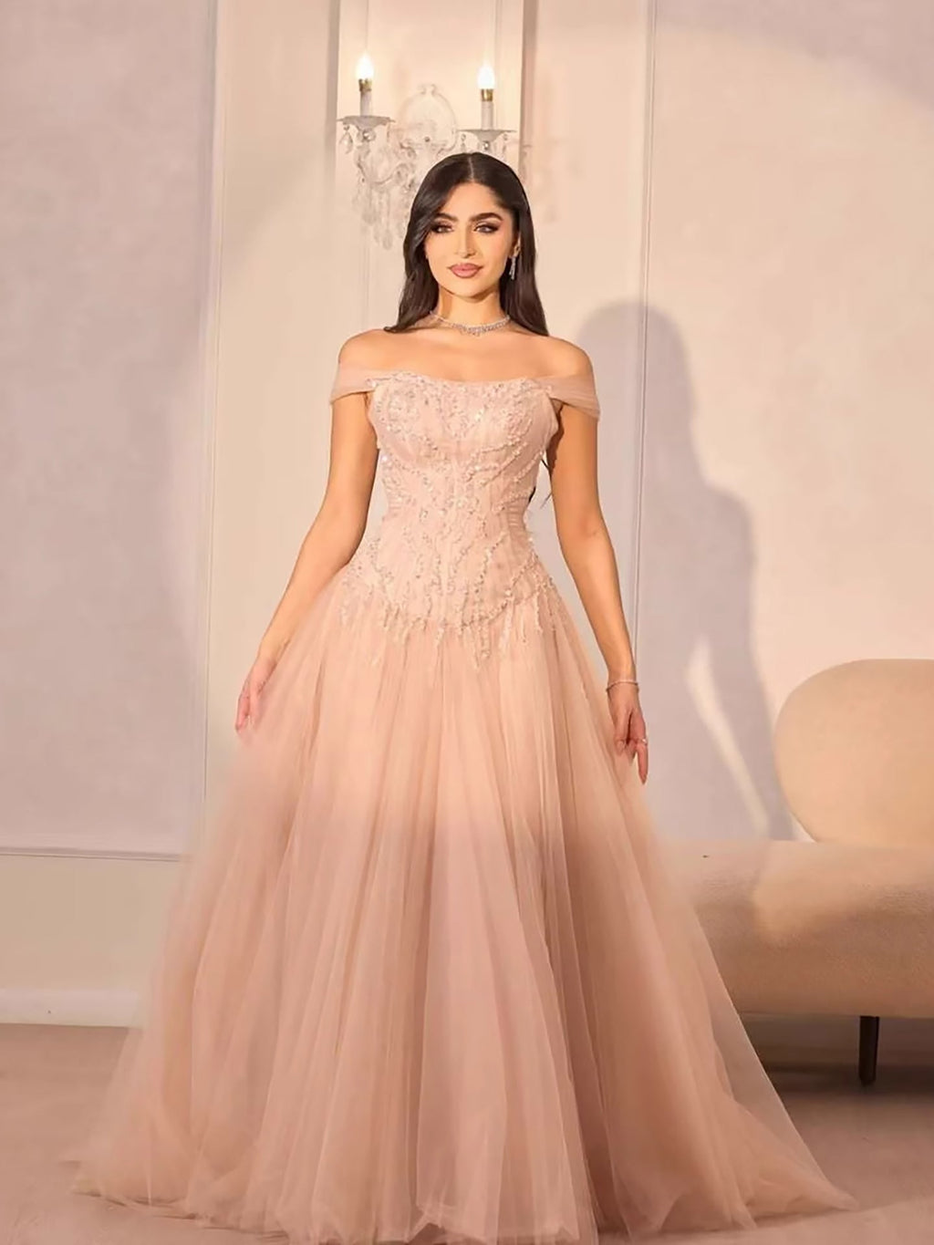 Luxury Pink Beaded A-Line Off-Shoulder Tulle Evening Dress LA73631