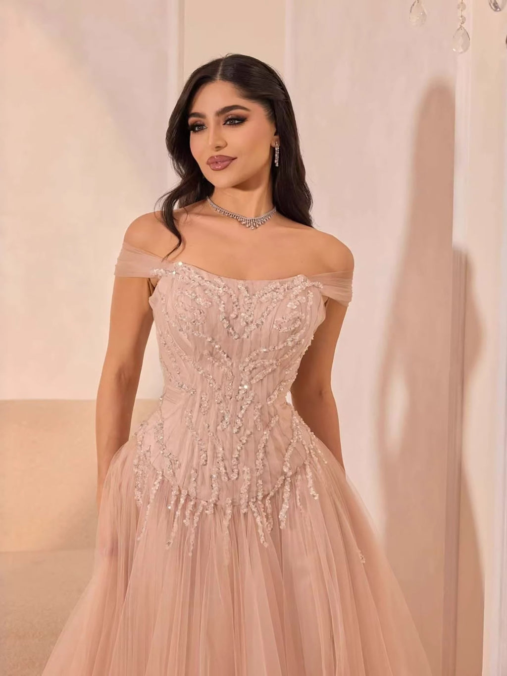 Luxury Pink Beaded A-Line Off-Shoulder Tulle Evening Dress LA73631