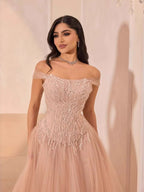 Luxury Pink Beaded A-Line Off-Shoulder Tulle Evening Dress LA73631
