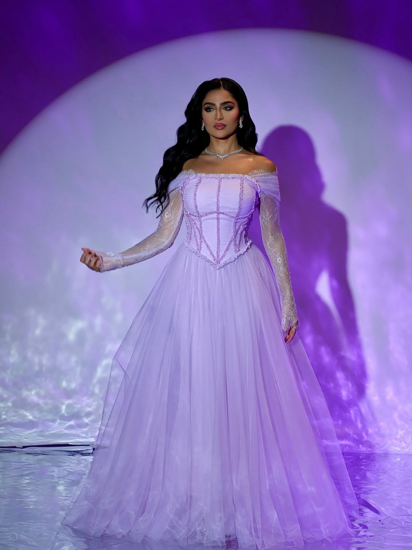 Luxury Lilac Beaded Lace A-Line Off-Shoulder Tulle Evening Dress LA73632