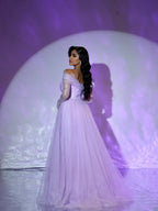 Luxury Lilac Beaded Lace A-Line Off-Shoulder Tulle Evening Dress LA73632