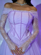 Luxury Lilac Beaded Lace A-Line Off-Shoulder Tulle Evening Dress LA73632