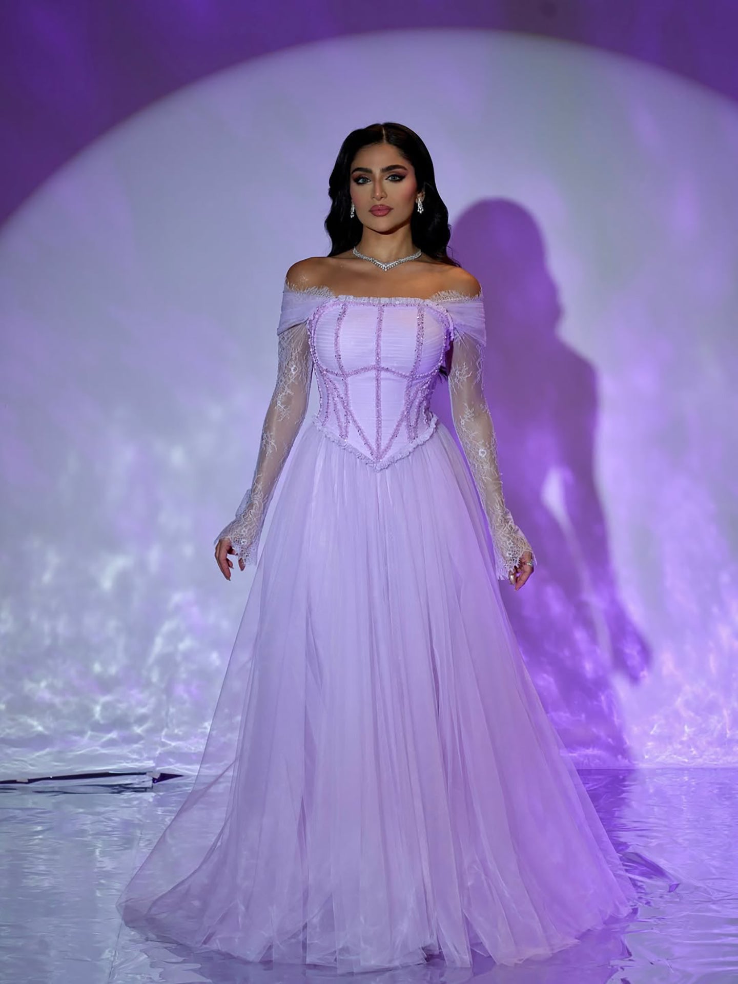 Luxury Lilac Beaded Lace A-Line Off-Shoulder Tulle Evening Dress LA73632