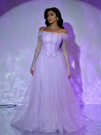 Luxury Lilac Beaded Lace A-Line Off-Shoulder Tulle Evening Dress LA73632