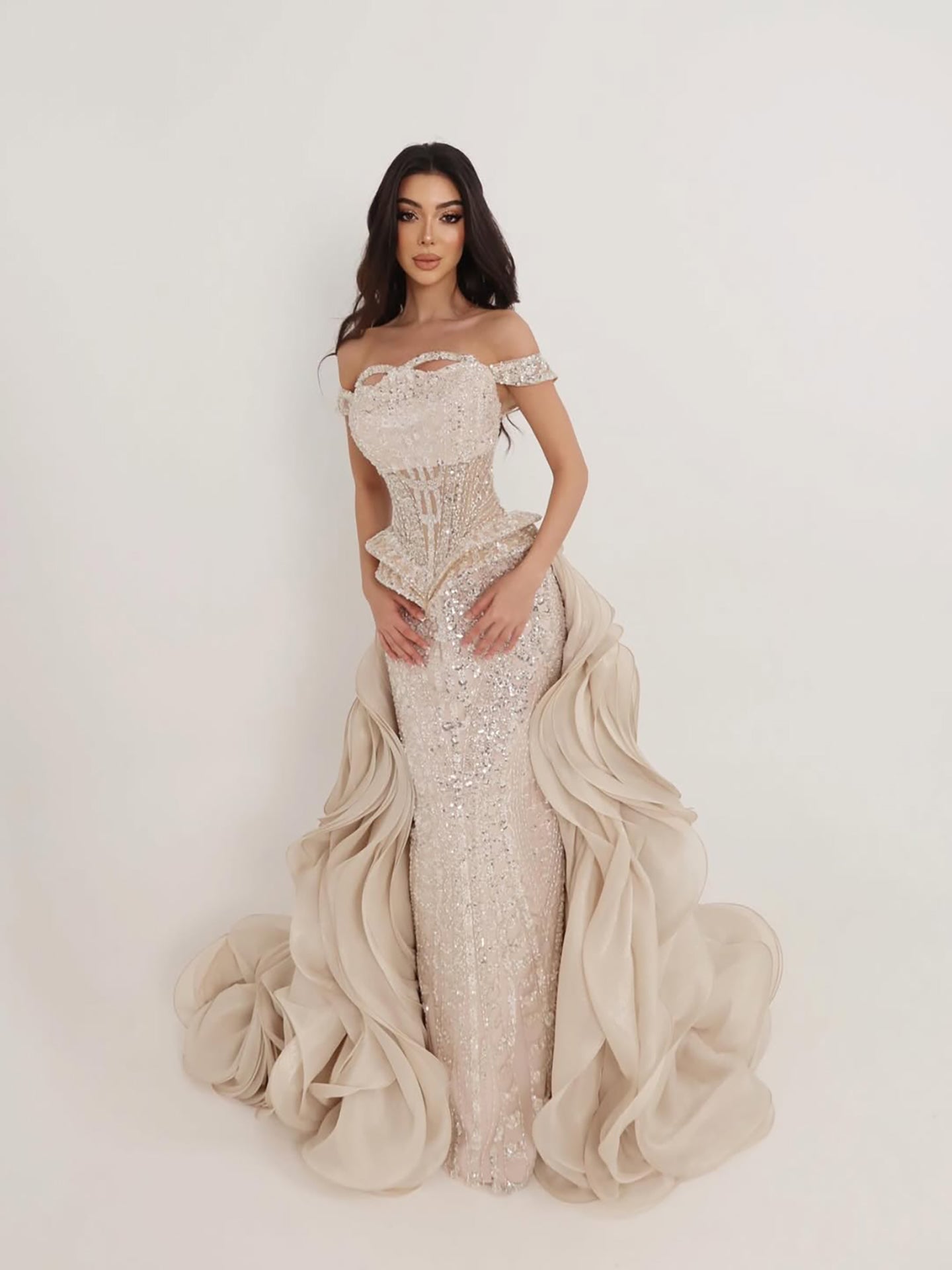 Luxury Cream Beaded Mermaid Evening Dress LA73633