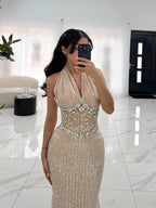 Luxury Nude Crystal Beaded Mermaid Evening Dress LA73635