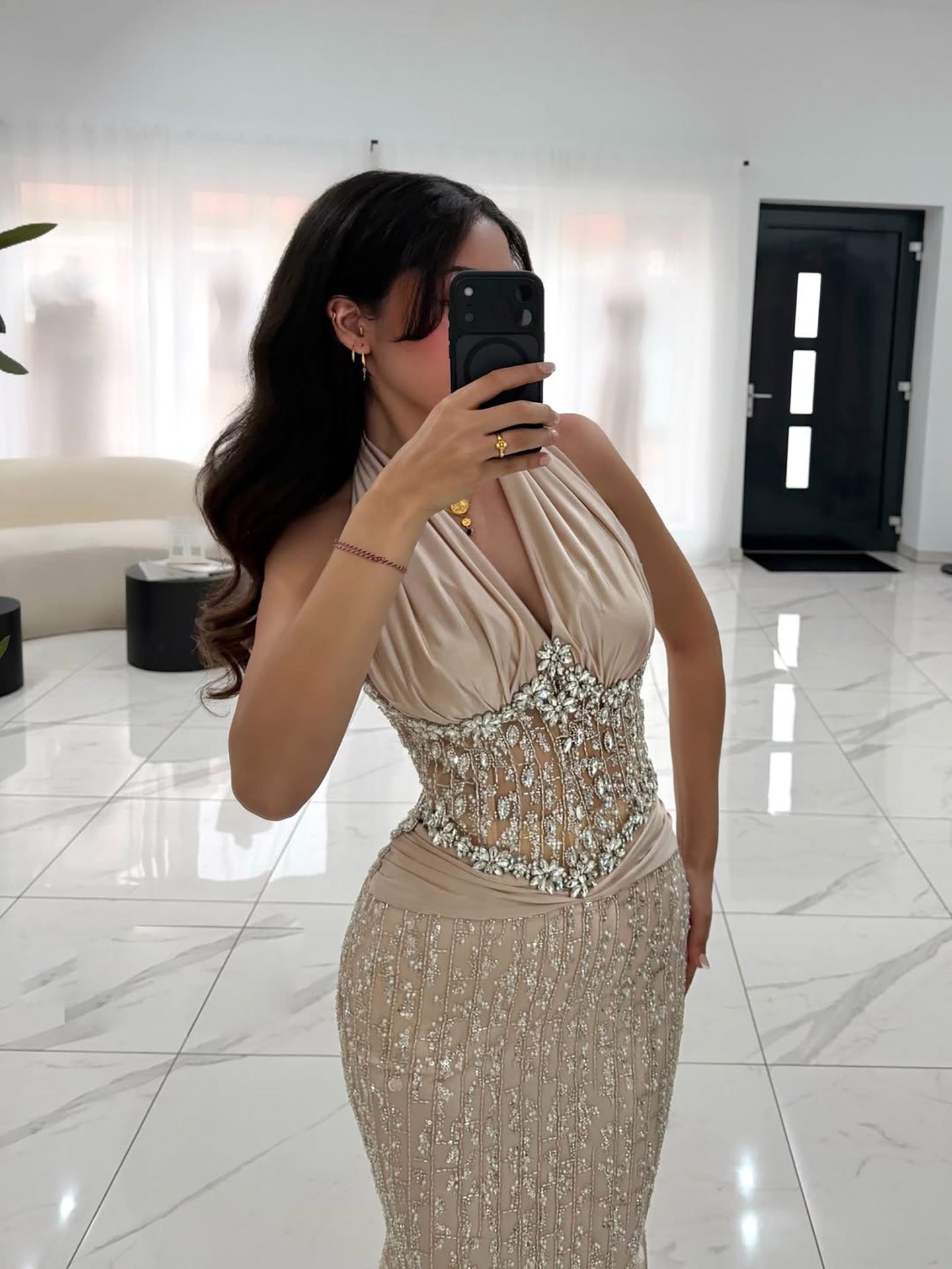 Luxury Nude Crystal Beaded Mermaid Evening Dress LA73635