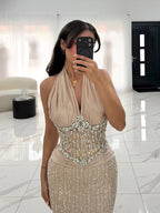 Luxury Nude Crystal Beaded Mermaid Evening Dress LA73635