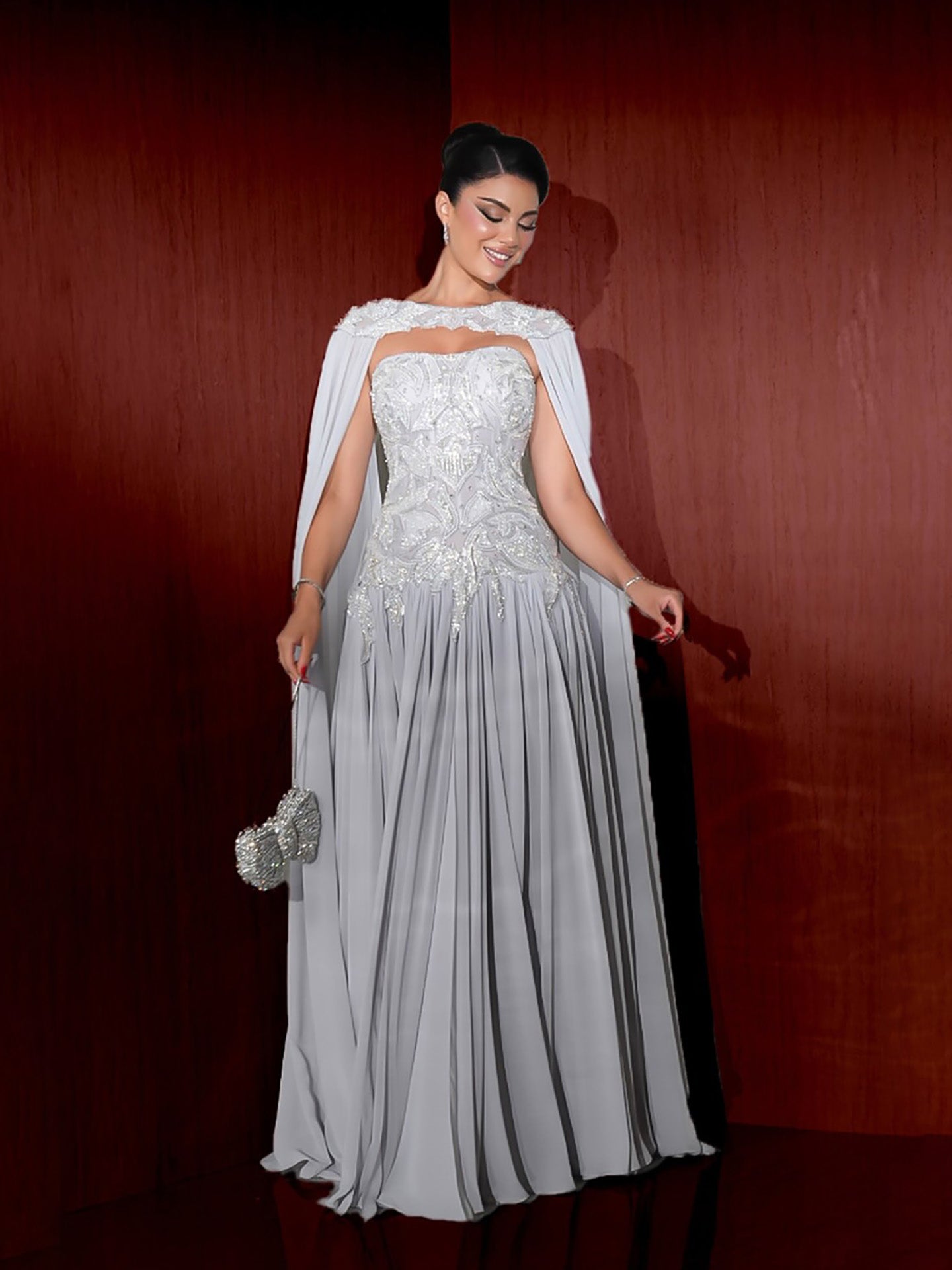 Luxury Gray Beaded Strapless A Line Evening Dress With Cape LA73636
