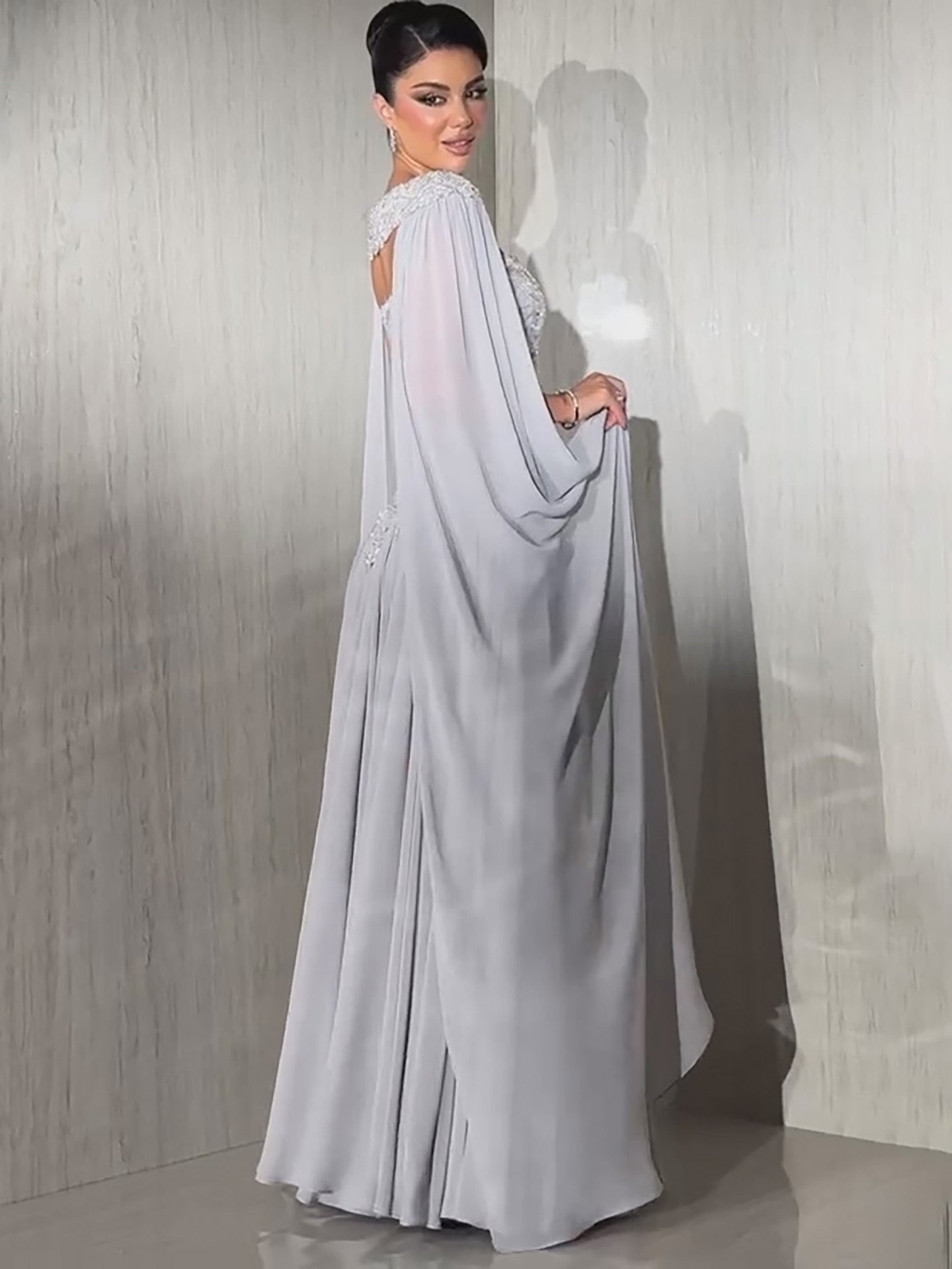 Luxury Gray Beaded Strapless A Line Evening Dress With Cape LA73636