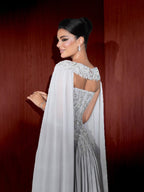 Luxury Gray Beaded Strapless A Line Evening Dress With Cape LA73636