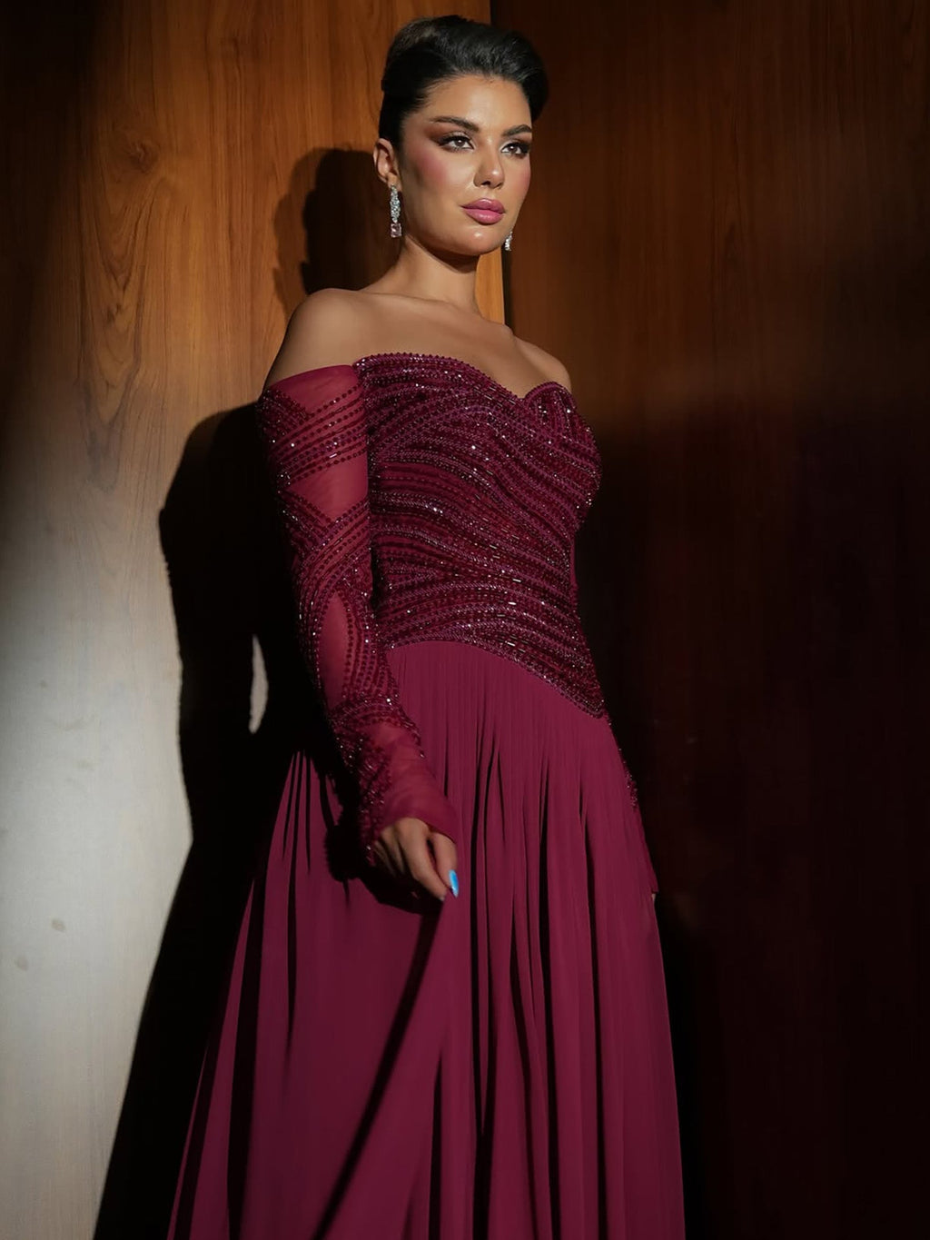 Luxury Wine Red Beaded A Line Evening Dress LA73637