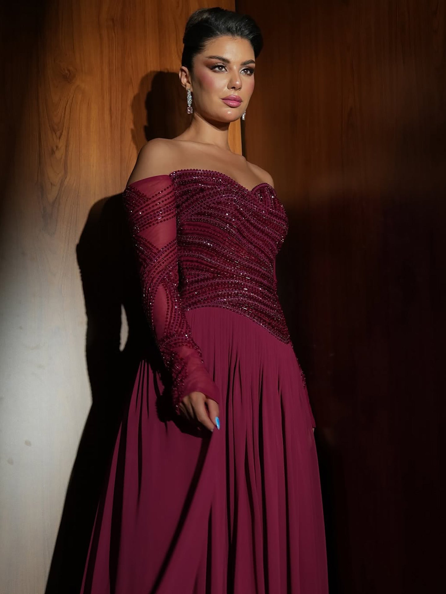 Luxury Wine Red Beaded A Line Evening Dress LA73637
