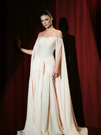 Luxury Cream Chiffon A-Line Evening Dress With Cape Sleeves LA73639