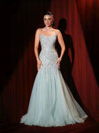 Luxury Sage Green Crystal Beaded Mermaid Strapless Evening Dress LA73640