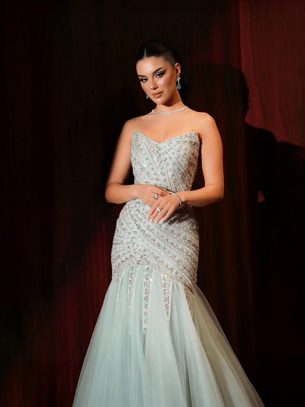 Luxury Sage Green Crystal Beaded Mermaid Strapless Evening Dress LA73640