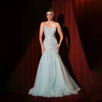 Luxury Sage Green Crystal Beaded Mermaid Strapless Evening Dress LA73640