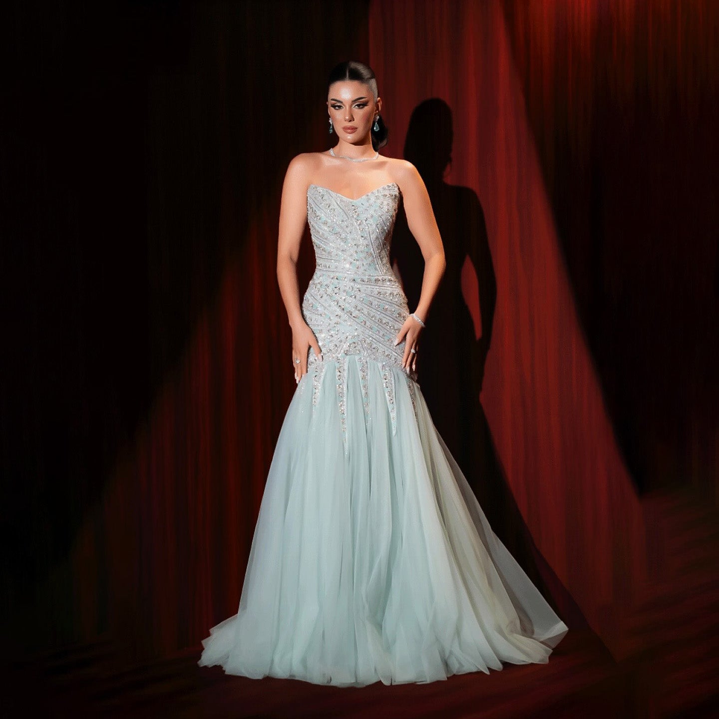 Luxury Sage Green Crystal Beaded Mermaid Strapless Evening Dress LA73640