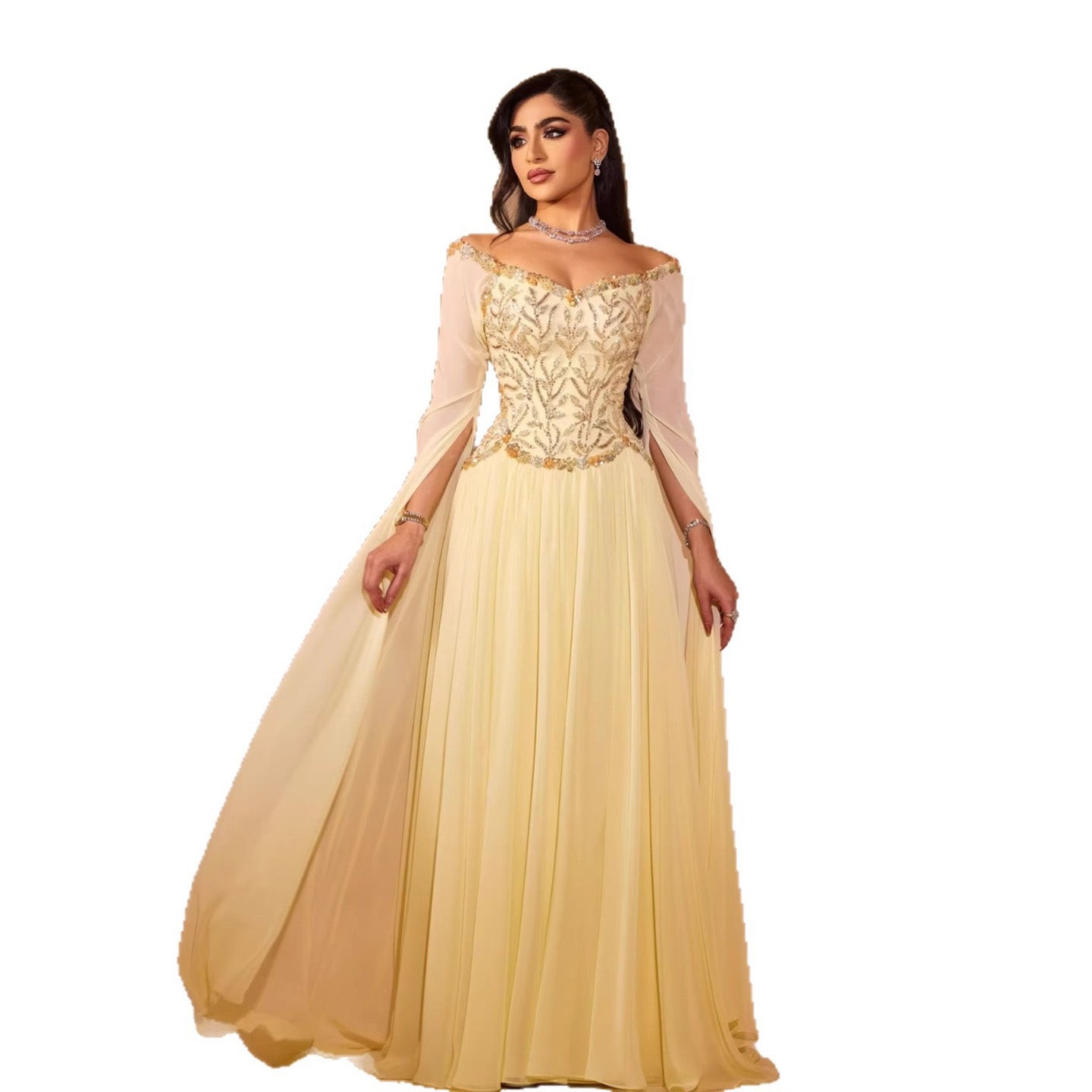 Luxury Yellow Beaded A Line Evening Dress With Cape Sleeves LA73641
